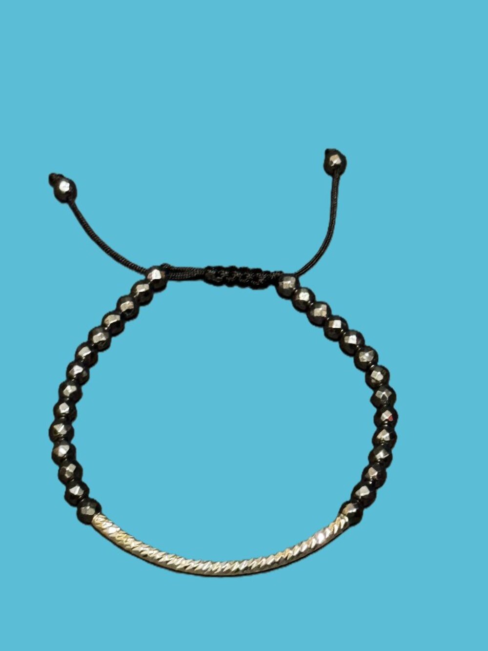 Slide Style Adjustable Bracelet, Faceted Hematite, Fine Silver Plated
